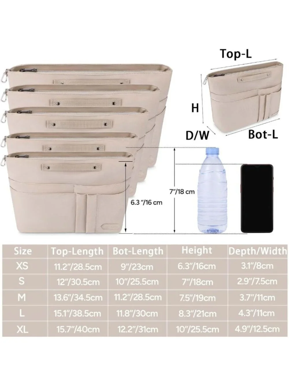 Zippered Handbag Organizer Insert with 15 Pockets for Tote Bags & Purses